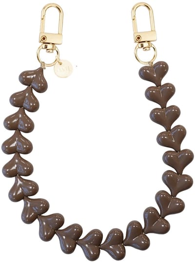 xoxo Wildhearts telefoonkoord - Funky Hearts Charm Cord (Dark Brown) - Geschikt voor iPhone - Geschikt voor Samsung - Universeel Phone Cord - Telefoonketting - Bedeltje voor telefoon - Telefoonhanger - Ketting met hartjes - Donkerbruin / Bruin