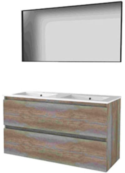 Basic-Line Framed 46 Badkamermeubelset - 120 x 46 cm - Greeploos - 2 Lades - Keramische Wastafel - 2 Kraangaten - Spiegel met Zwart Aluminium Frame - Scotch Oak
