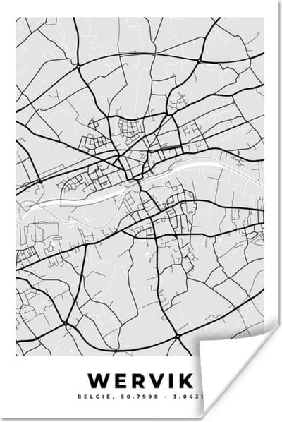 Poster België – Wervik – Stadskaart – Kaart – Zwart Wit – Plattegrond - 120x180 cm XXL