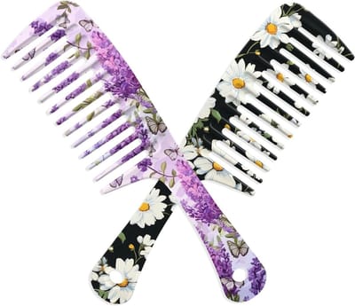 2 stuks brede tandkam, moeiteloze klitverwijdering voor lang haar stylingkam voor krullend, nat, schattig esthetisch ontwerp voor vrouwen en mannen (Paars-bloemen-07)