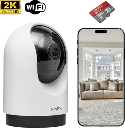 Finex Binnenhuis Camera – 2K Ultra HD – Geen abonnement - Inclusief 32GB SD kaart - Huisdiercamera met app – Binnen camera – Indoor camera – Bewakingscamera – Beveiligingscamera Met WiFi en App – Hondencamera – Wit
