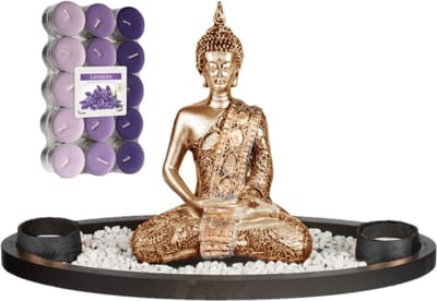Boeddha beeld voor binnen 33 cm met 30x geurkaarsen lavendel - Buddha beeldje met theelichtjes/waxinelichtjes