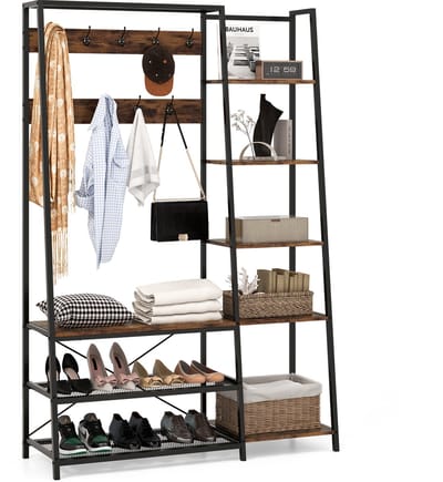 COSTWAY Kapstok met schoenenbank, 2 schoenenplanken, 9 haken, 5 zijplanken en kledingstang, kledingrek met bank, garderobe van metaal, vintage bruin, 118 x 40 x 180 cm