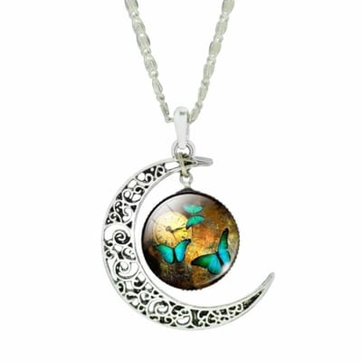 Fako Bijoux® - Ketting - Cabochon - Vlinders Klok - Maan - Bruin/Groen