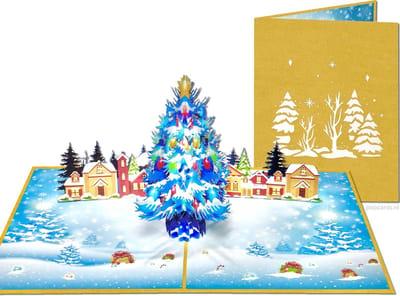 Popcards popupkaarten - Grote chique goudkleurige kerstkaart met pop-up kerstboom in winters landschap pop-up kaart kerstkaarten 3D wenskaart