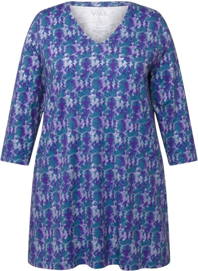 Ulla Popken - Dames - Longshirt batikpatroon A-lijn V-hals 3/4-mouwen - Donker saffier - Maat 66+