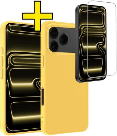 Hoesje - Met Screenprotector - Geschikt voor Apple iPhone 17 Pro - Sterk & Shockproof - Back Cover - Siliconen Case - Telefoon Hoes - Telefoonhoesjes - Geel