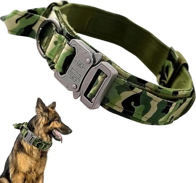 Tactische hondenhalsband, verstelbare nylon halsband met metalen gesp, slijtvast, tactische outdoor-halsband met controlegreep voor middelgrote honden,Boscamouflage,M