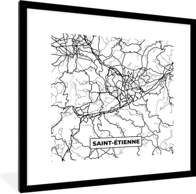 Fotolijst incl. Poster Zwart Wit- Saint-Étienne - Frankrijk - Kaart - Plattegrond - Stadskaart - Zwart wit - 40x40 cm - Posterlijst