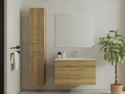 Vente-unique Hangend badkamermeubel met enkele wastafel en licht naturelkleurige opbergzuil - 80 cm - KAYLA