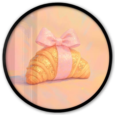Poster in lijst Rond - Fotolijst 40x40 cm - Posters - Croissant - Strik - Roze - Ronde posterlijst zwart - Decoratie - Wanddecoratie woonkamer - Muurdecoratie slaapkamer