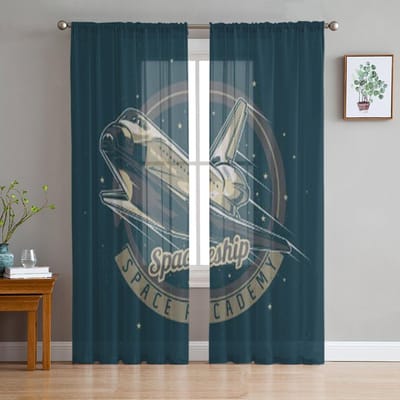 Illustratie met ruimthema van ruimteschip chiffon transparante gordijnen voor woonkamer slaapkamer decoratie raam voiles tule gordijn 135W x 114H(cm) black