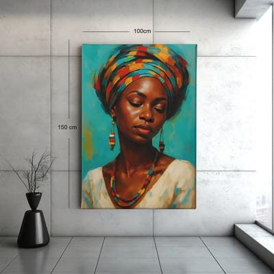 Canvas Schilderij - Vrouw met Kleurrijke Hoofddoek - 60x40x2 cm