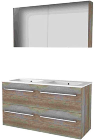 Basic-Line Comfort 46 Badkamermeubelset - 120 x 46 cm - Met Grepen - 4 Lades - Keramische Wastafel - 2 Kraangaten - Spiegelkast - Scotch Oak