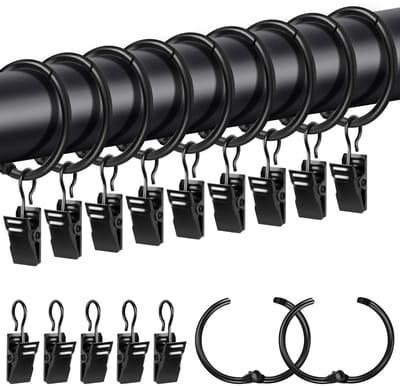 Dailygoods- Gordijnringen Metalen - 20 Stuks - 32 mm Binnendiameter - Gordijnhaken - Douchegordijnringen - Zwart - Elegant Design - Gordijnhaak