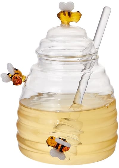 Dailygoods- Honingpot Lekvrij Deksel - Honingdispenser Glas - Honinglepel 18 cm - Honingpot met Dipper - Honingpotje met Deksel - 11x13,5 cm