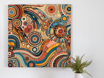 Pop art aboriginal schilderij | Abstracte interpretatie van traditionele Aboriginal kunst in moderne pop art | Kunst - 100x100 centimeter op Dibond | Foto op Dibond