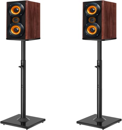 Verstelbare luidsprekerstandaards voor satellieten tot 10 kg, hoogte 83-106 cm, met kabelbeheer en boekenplank ontwerp