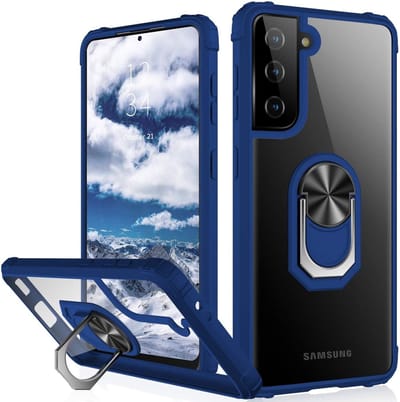 Hoesje Geschikt Voor Samsung Galaxy S21 Plus hoesje - Premium Shock Proof hoesje transparant Blauw randen backcover case met kickstand - Hoesje Geschikt Voor Samsung Galaxy S21 Plus hoesje met Ring houder / Ring vinger houder / standaard