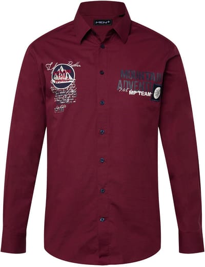 Men Plus - Heren - Overhemd lange mouwen kentkraag print op de borst - Donker wijnrood - Maat 3XL