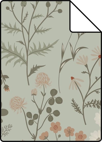 Proefstaal ESTAhome behang veldbloemen vergrijsd mintgroen - 26.5 x 21 cm - 139598-S
