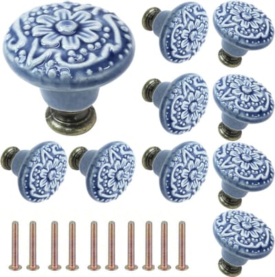 Meubelknoppen Set Grijsblauw Keramiek Rond met Bloem - 10x Kastknop met schroef - Vintage/Antiek handgreep voor deur en lade grijs/blauw