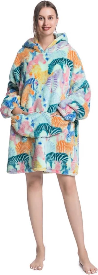 Badrock Hoodie deken - Zebra fleece deken met mouwen en capuchon – fleece hoodie – fleece kleed met capuchon en mouwen – maat XS t/m XL – hoodie blanket - TV plaid met mouwen - 90 cm