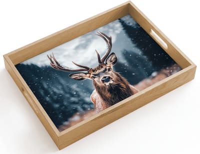 Dienblad hout 40x30 cm - Schootdienblad - Hert - Dieren - Landschap - Winter - Sneeuw - Borrelplank rechthoek - Plateau dienbladen