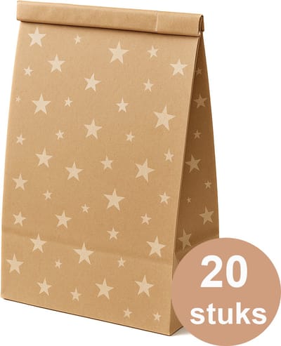 20 x Papieren uitdeelzakjes voor traktatie, verjaardag, kantoor en bruiloft – wit sterrenpatroon – 17 x 9,5 x 5,5 cm