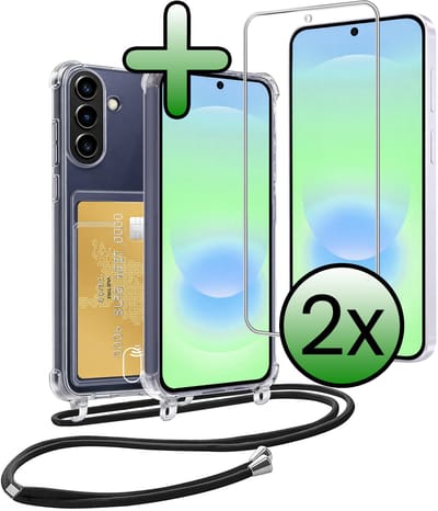 Hoes Geschikt voor Samsung A37 Hoesje Pas Houder Shock Proof Case Hoes Met Koord Met 2x Screenprotector - Hoesje Geschikt voor Samsung Galaxy A37 Hoes Met Telefoonkoord Pasjeshouder Cover - Transparant