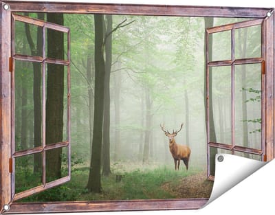 Gards Tuinposter Doorkijk Hert in Bos - 90x60 cm - Tuindoek - Tuindecoratie - Wanddecoratie buiten - Tuinschilderij