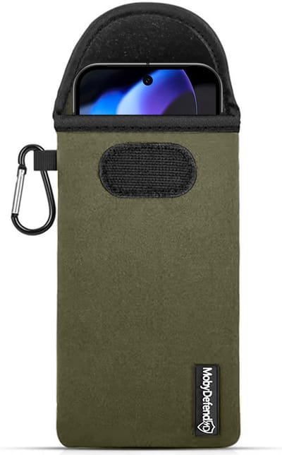 MobyDefend Hoesje - Geschikt voor Google Pixel 9 / Pixel 9 Pro - Neopreen Pouch Met Karabijnhaak - Insteek - Riemlus - Groen