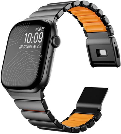 By Qubix - Geschikt voor Apple Watch bandje - Premium Stainless Steel / Siliconen band - Zwart met oranje - Geschikt voor Apple Watch 44mm / 45mm / 46mm / 49mm (Ultra 1,2 en 3)