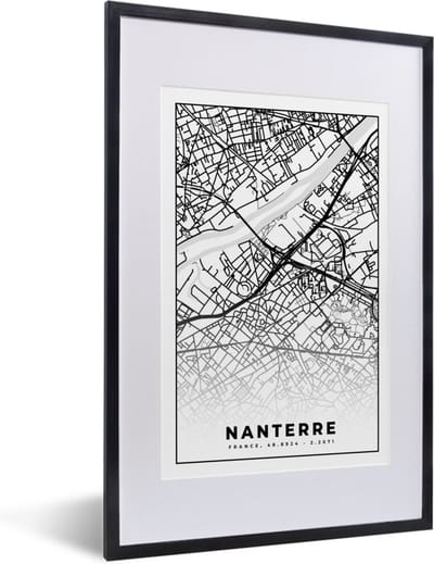 Fotolijst incl. Poster Zwart Wit- Plattegrond - Nanterre - Kaart - Frankrijk - Stadskaart - Zwart wit - 40x60 cm - Posterlijst