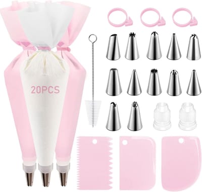 Spuitzak Set - 43 Delig - 12 Roestvrijstalen Mondjes - Herbruikbare TPU Zakken - Voor Taart/Cupcake/Kerstbakken - Met Koppelstukken + Messen + Borstel - Voor Thuisbakkers - Roze - Standaardmaat - 43 Delen