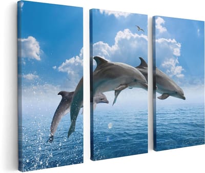 Artaza Canvas Schilderij Drieluik Dolfijnen Springen uit de Blauwe Zee - 120x80 cm - Wanddecoratie Woonkamer - Schilderijen - Muurdecoratie