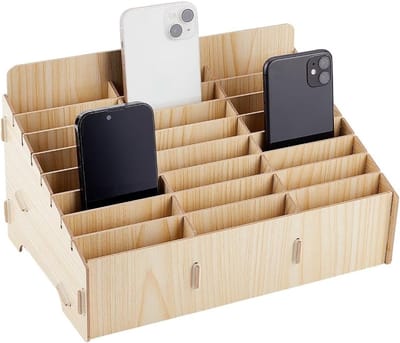 24-Vaks Houten Opbergdoos voor Mobiele Telefoons - Beige Desktop Organizer voor Kantoor en Schoolbenodigdheden, Maple Hout Kleur