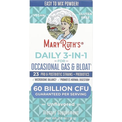 MaryRuth's, Daily 3-en-1, Soulage les gaz et ballonnements occasionnels, Sans saveur, 60 Milliards d'UFC, 15 g (0,5 once)