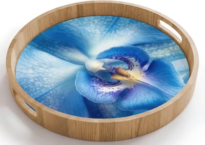 Dienblad rond 40x40 cm - Schootdienblad hout - Blauw - Orchidee - Elegeant - Borrelplank rechthoek - Plateau houten dienbladen