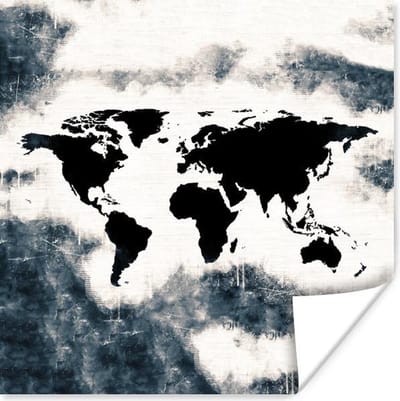 Poster 30x30 cm - Wereldkaart - Hout - Zwart - Posters - Kamer decoratie - Wanddecoratie woonkamer - Muurdecoratie slaapkamer