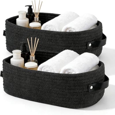 2pcs Braided Black Cotton Rope Baskets, 28x10x10cm, Multifunctional Storage Basket Bathroom, Bedroom, Living Room - ShopVlot