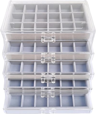 Sieradenbox met 5 lagen en 90 kleine compartimenten, stapelbare organizer voor ringen, oorbellen en kettingen in fluweel en acryl