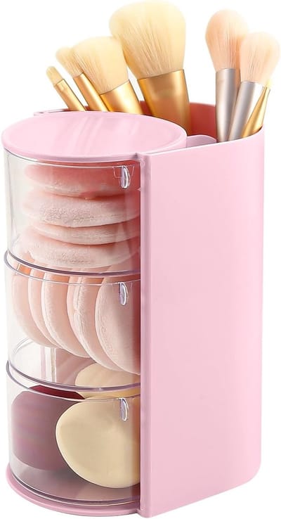 3-laags Make-up Kwastenhouder met Organizer voor Haaraccessoires, Draaiend Bureau Organizer voor Haarclips, Make-up Spons, Sieraden en Haaraccessoires, Ideaal voor Vanity (Roze)