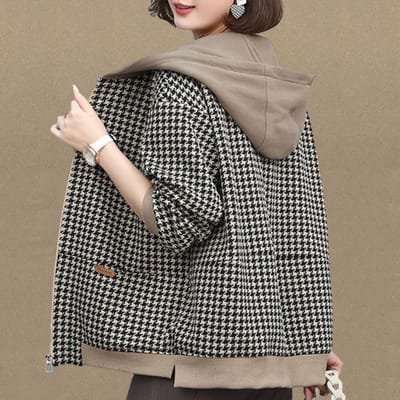 Veste courte pour femme, motif pied-de-poule, petit parfum, grande taille, coupe-vent décontracté, haut pour maman, printemps et automne XL kaki