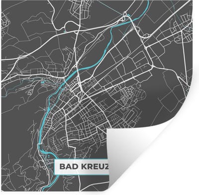 Muurstickers - Sticker Folie - Bad Kreuznach – Stadskaart – Blauw – Plattegrond – Stadskaart – Kaart - Duitsland - 100x100 cm - Plakfolie - Muurstickers Kinderkamer - Zelfklevend Behang XXL - Zelfklevend behangpapier - Stickerfolie