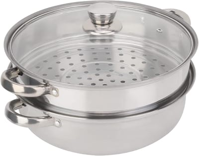 Stoompan Dubbel - Stoomkoker RVS - Gezond Koken - Dubbele Boiler - 27x27x19.5cm - Zilverkleurig