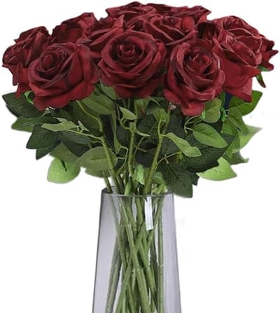 Set van 12 Donkerrode Kunstrozen van 50 cm - Realistische Zijde Bloemen voor Bruidsboeketten, Tuinversiering en Herinneringsplekken