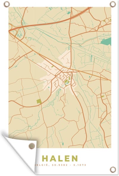 Muurdecoratie Retro - Halen - Stadskaart - Plattegrond - Kaart - 120x180 cm - Tuinposter - Tuindoek