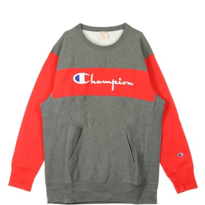 Herensweatshirt met kleurblokken en kangoeroezak, omgekeerd geweven, ronde hals, grijs/rood
