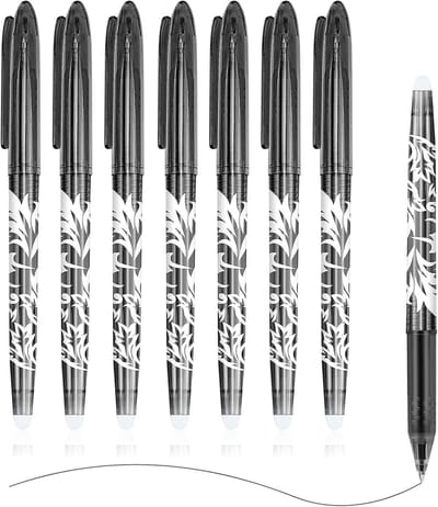 Uitwisbare gelstiften in zwart, set van 8 stuks, 0,5 mm, perfect voor schrijven, tekenen en creatief gebruik, met rubberen punt voor eenvoudig wissen